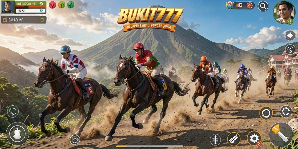Gameplay seru BUKIT777 dengan mobil balap di lintasan gunung.