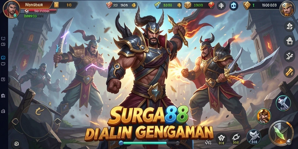 Tampilan gameplay pertarungan memukau dan penuh aksi di SURGA88.