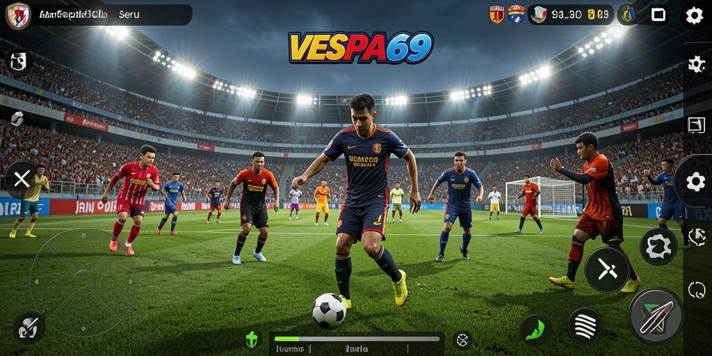 Tampilan gameplay VESPA69 yang mendebarkan di lapangan sepak bola.