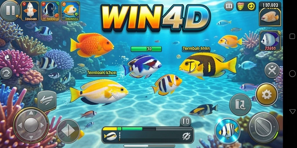 Screenshot gameplay dari WIN4D saat menangkap ikan dengan senjata canggih.